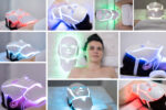A person using the Light Therapy Face Mask, showcasing smoother skin, improved sleep, and a rejuvenated neck area. The image emphasizes the benefits of reduced fine lines, better sleep, and healthier skin.